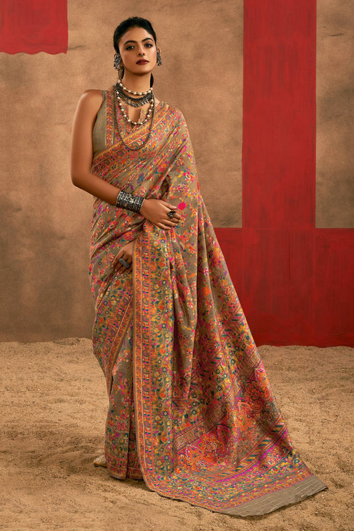 Cotton Printed Brown Saree For Festive Wear