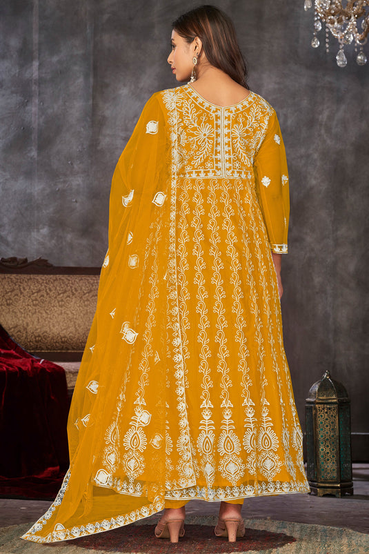 Creative Embroidered Net Fabric Anarkali Suit In Yellow Color