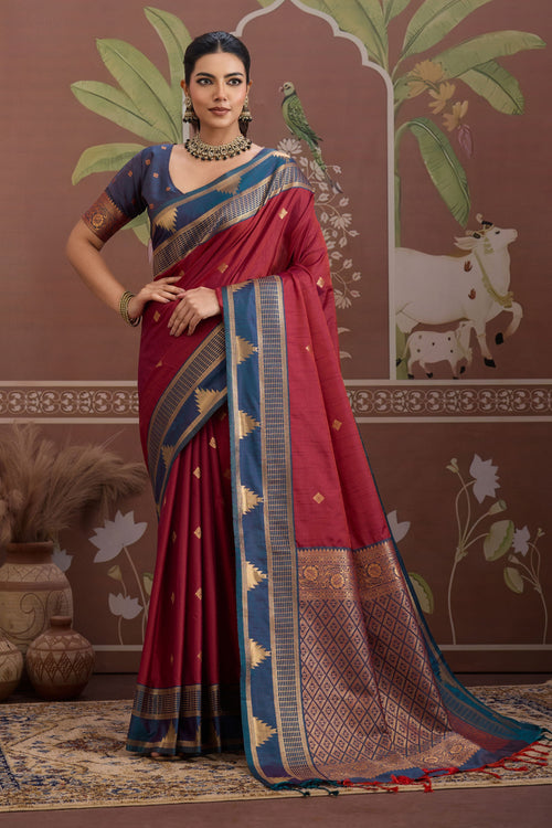Gorgeous Maroon Handloom Tussar Silk saree
