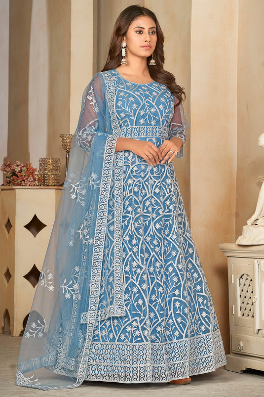 Embroidered Sky Blue Color Inventive Anarakali Suit In Net Fabric