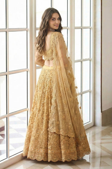 Beige Wedding Wear Embroidered Net Fabric Lehenga Choli