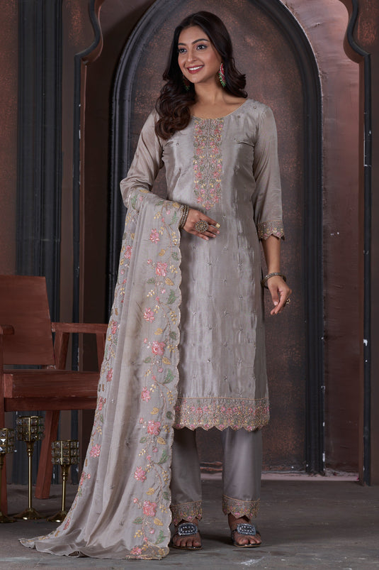 Fascinating Grey Color Chinon Fabric Function Wear Salwar Suit