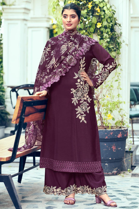 Chinon Fabric Wine Color Embroidered Winsome Palazzo Suit