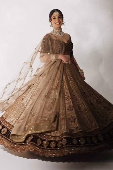 Silk Fabric Heavy Embroidered Beige Wedding Lehenga Choli With Dupatta