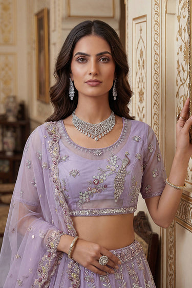 Net Fabric Lavnder Wedding Wear Lehenga Choli With Dupatta