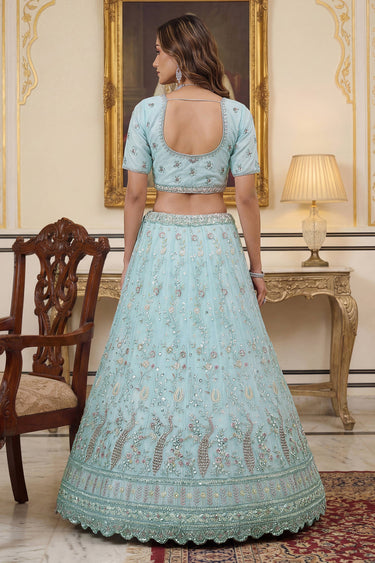 Embroidered Net Cyan Lehenga Choli For Wedding Wear