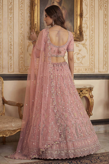 Peach Wedding Wear Net Fabric Embroidered Lehenga Choli