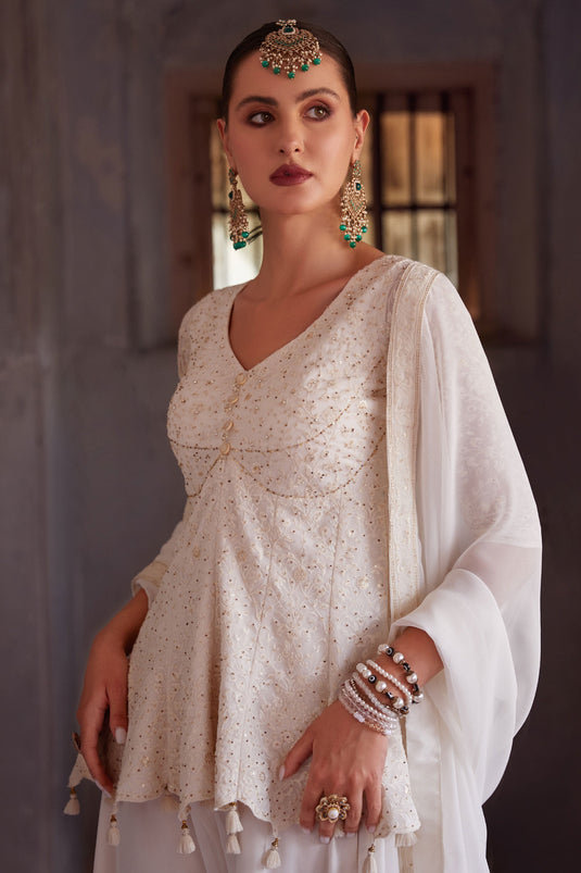 Beige Color Georgette Fabric Ravishing Readymade Sharara Suit