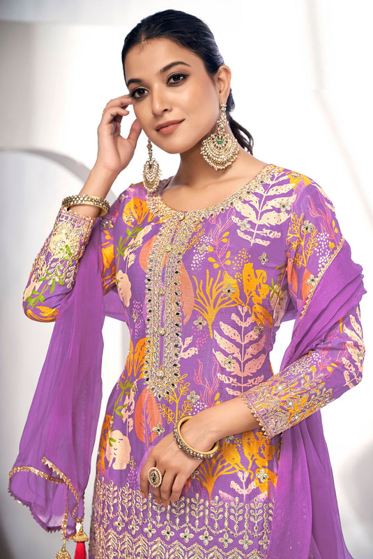 Excellent Chinon Fabric Purple Color Sharara Suit With Printed Work