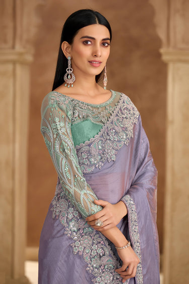 Lavender Festive Wear Chiffon Lace Border Work Designer Saree