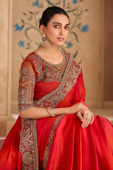 Red Festive Wear Lace Border Work Chiffon Designer Saree