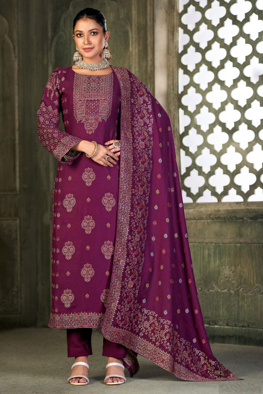 Trendy Wine Color Pashmina Fabric Embroidered Salwar Suit