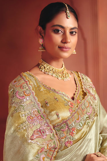 Peach Wedding Wear Silk Fabric Embroidered Saree