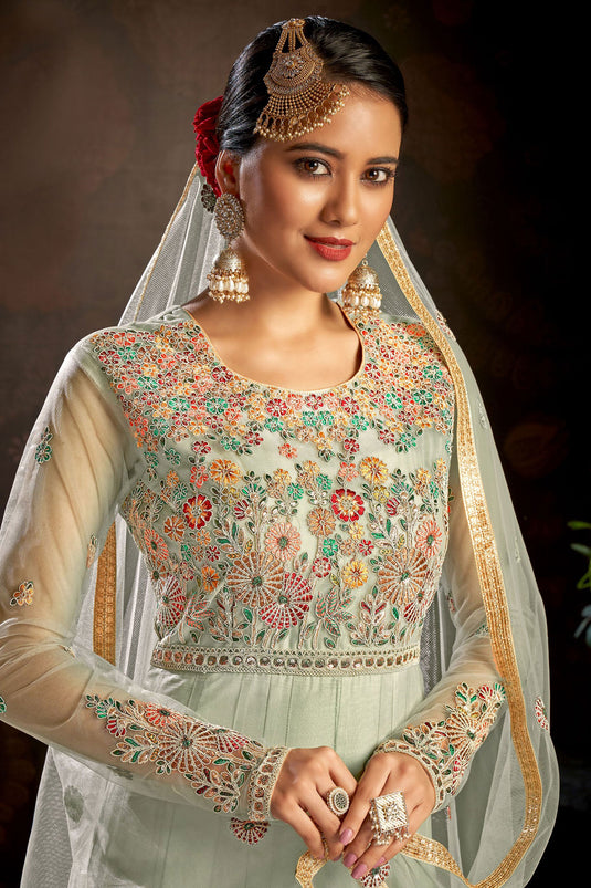 Fascinating Light Cyan Color Net Fabric Embroidered Anarkali Suit