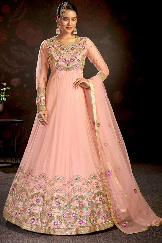 Dazzling Net Fabric Peach Color Embroidered Anarkali Suit