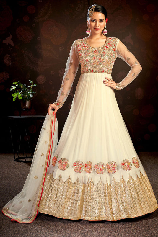 Radiant Off White Color Net Fabric Embroidered Anarkali Suit