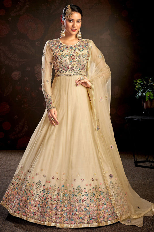 Net Fabric Beige Color Excellent Embroidered Anarkali Suit