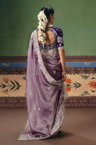 Art Silk Embroidered Border Work Purple Saree For Function Wear