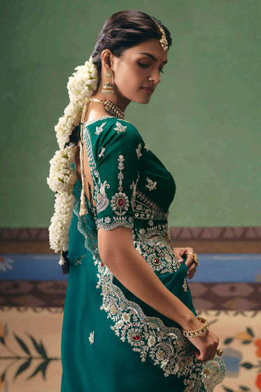 Embroidered Border Work Art Silk Teal Function Wear Designer Saree