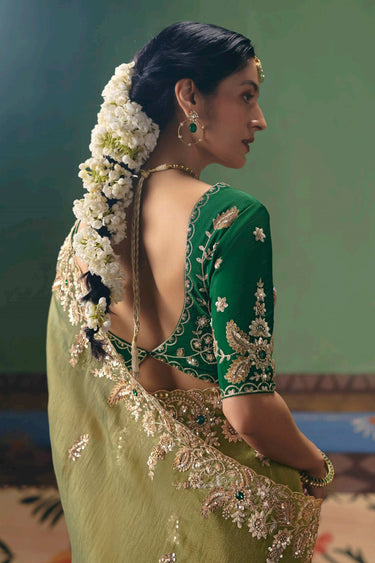 Art Silk Embroidered Border Work Green Saree For Function Wear