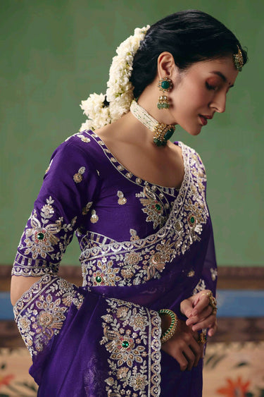 Purple Function Wear Embroidered Border Work Designer Saree