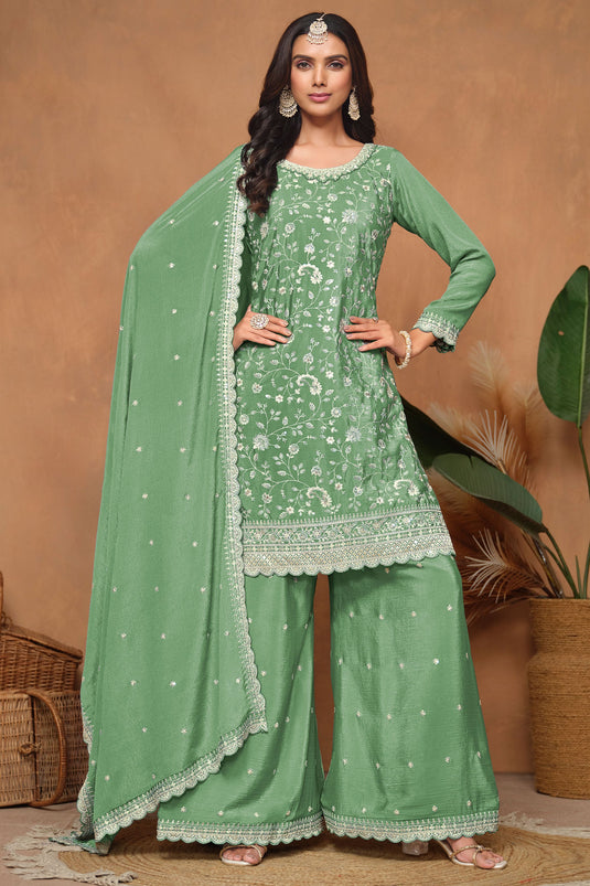 Chinon Fabric Green Color Function Special Elegant Palazzo Suit