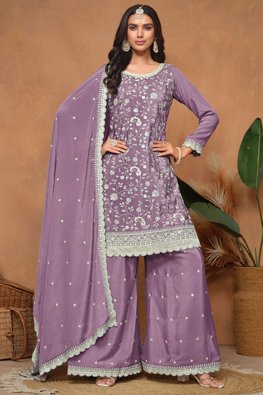 Lavender Color Chinon Fabric Function Special Classic Palazzo Suit