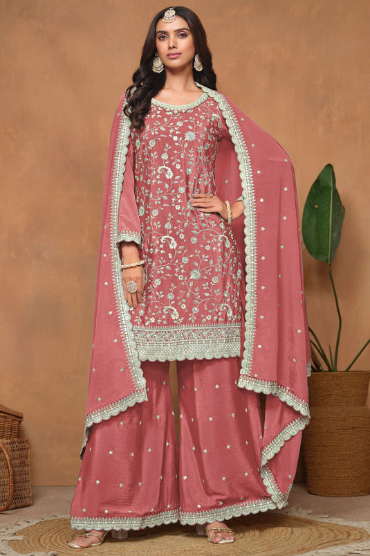 Chinon Fabric Function Special Lovely Palazzo Suit In Peach Color