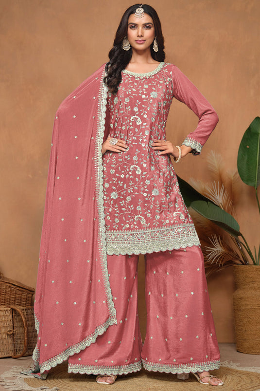 Chinon Fabric Function Special Lovely Palazzo Suit In Peach Color