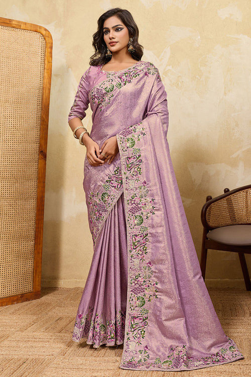 Stunning Lavender Art Silk Embroidered Saree
