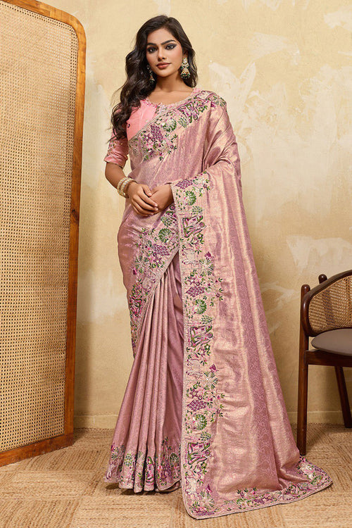 Pink Embroidered Art Silk Saree With Unstitched Blouse Piece