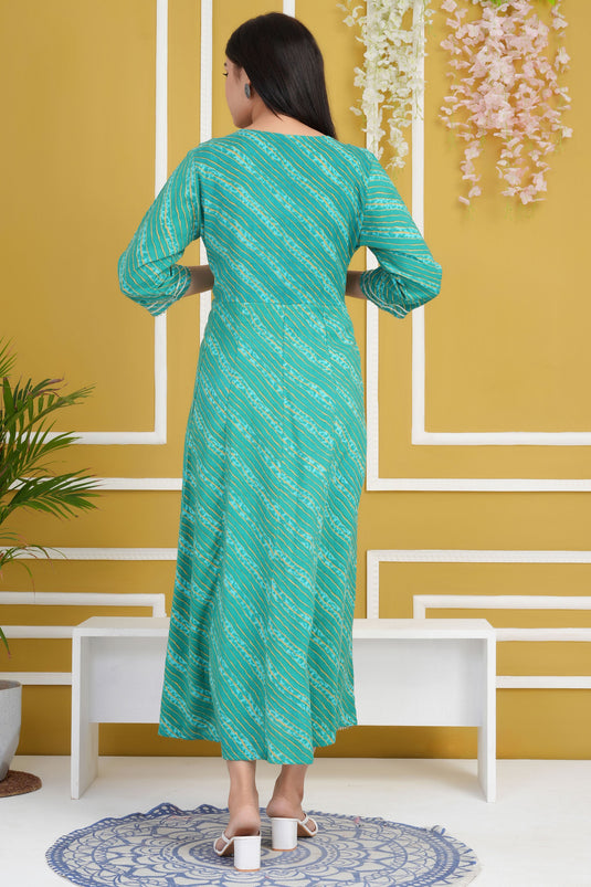 Sea Green Color Cotton Rayon Fabric Chic Readymade Kurti