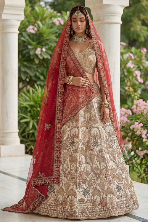 White Heavy Embroidered Silk Bridal Lehenga Choli