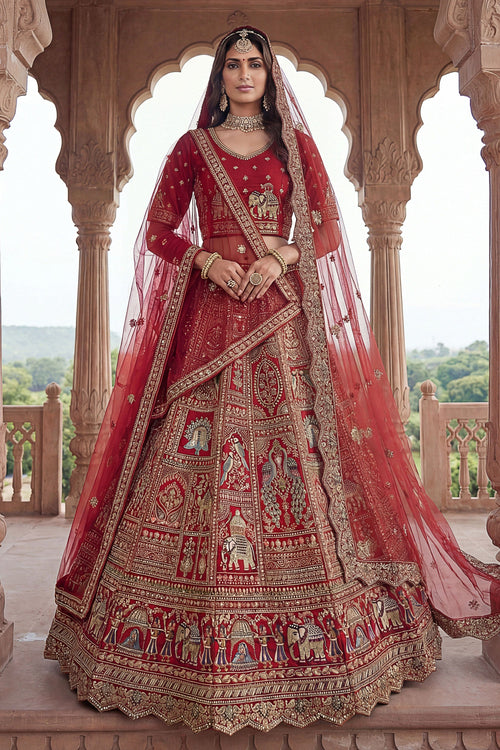 Heavy Embroidered Silk Bridal Lehenga Choli In Red Color