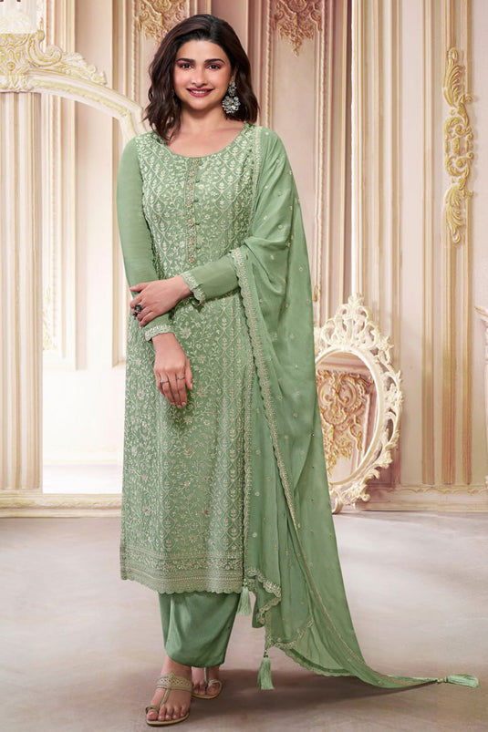 Prachi Desai Radiant Green Color Chinon Silk Salwar Suit