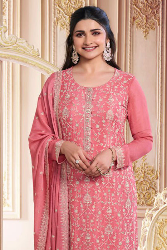 Prachi Desai Blazing Peach Color Chinon Silk Salwar Suit