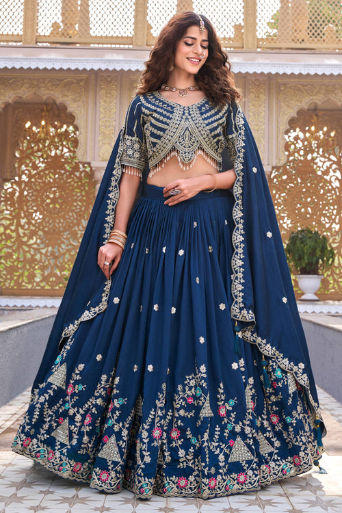 Navy Blue Art Silk Embroidered Readymade Lehenga Choli