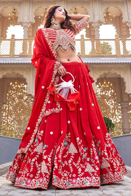 Festive Wear Red Embroidered Art Silk Readymade Lehenga Choli