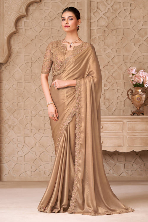 Georgette Satin Fabric Beige Saree For Wedding Wear