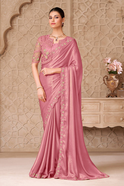 Georgette Satin Lace Border Work Pink Saree For Wedding Wear