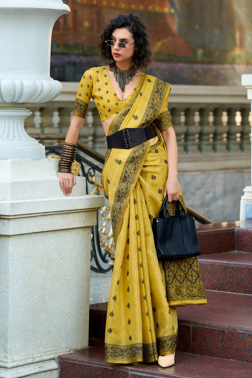 Tissue Fabric Yellow Saree For Casual Wear