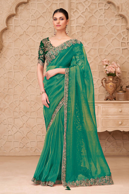 Green Embroidered Georgette Fabric Party Wear Saree