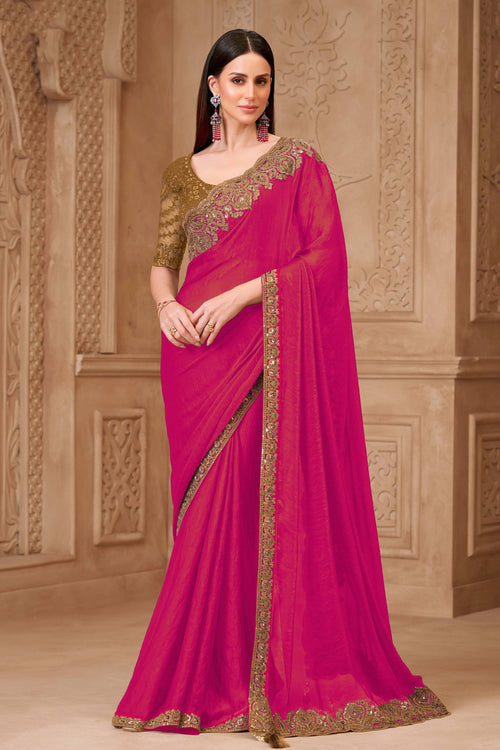 Embroidered Art Silk Fabric Pink Saree For Function Wear