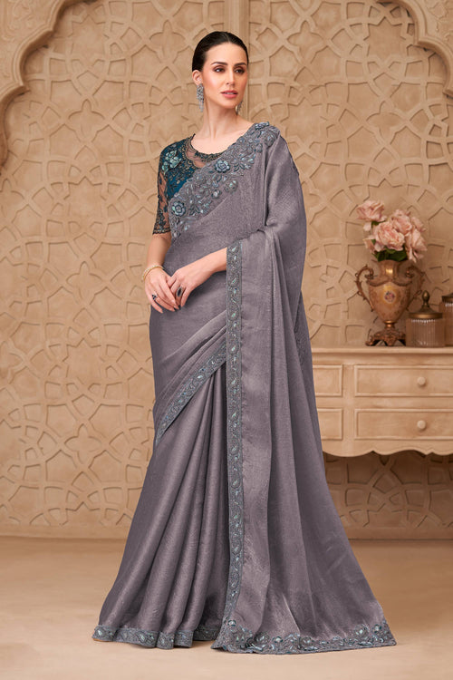 Embroidered Georgette Satin Grey Saree For Festive Wear