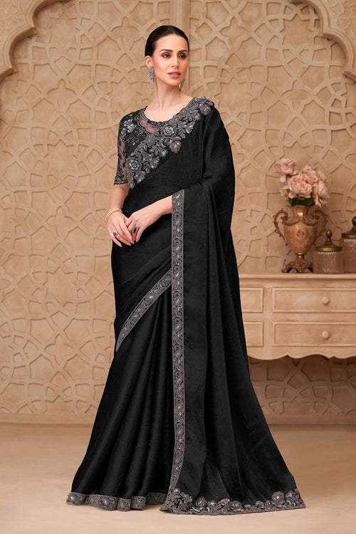 Black Georgette Satin Embroidered Festive Wear Saree