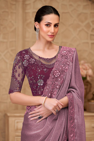 Georgette Satin Embroidered Pink Festive Wear Saree