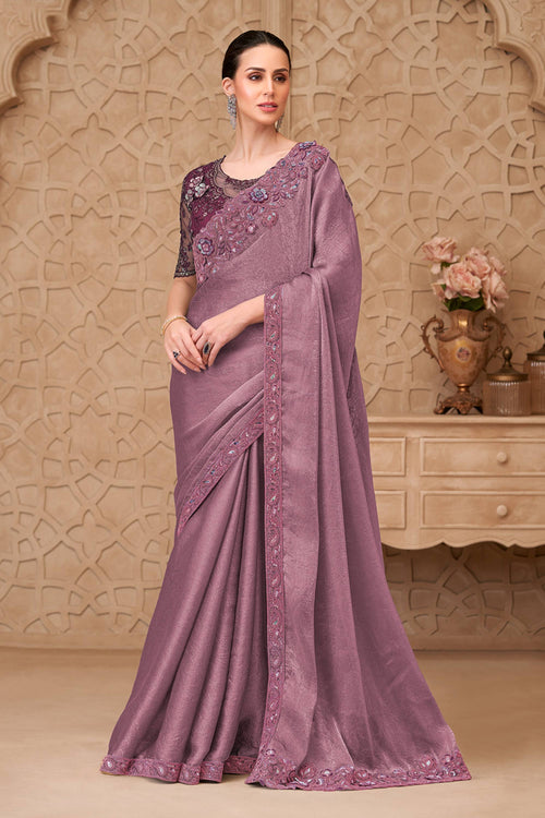 Georgette Satin Embroidered Pink Festive Wear Saree