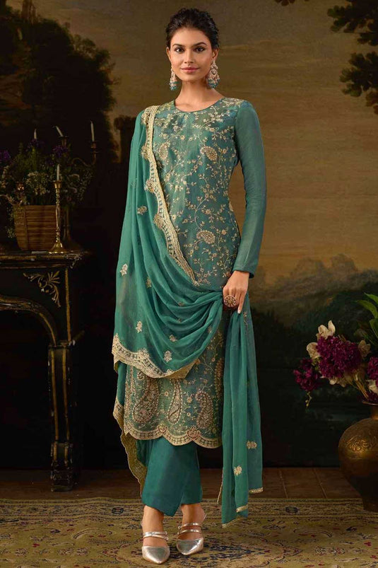 Art Silk Fabric Green Color Elegant Festive Salwar Suit