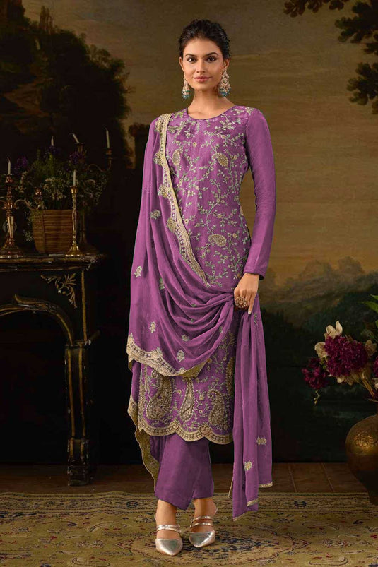 Lavender Color Art Silk Fabric Vintage Festive Salwar Suit