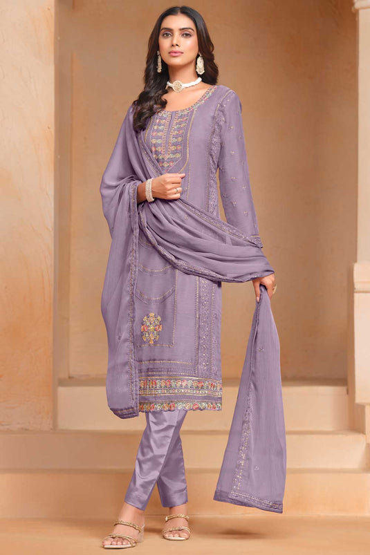 Lavender Color Festive Style Classic Organza Salwar Suit